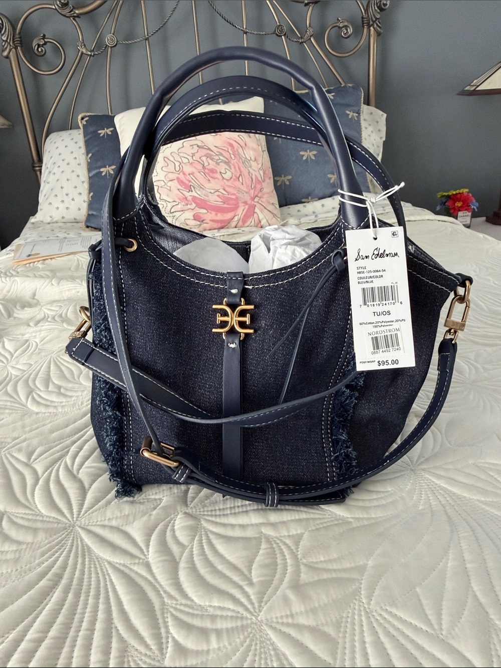 Sam Edelman Dark Blue Denim Shoulder Hobo with Gold Hardware
